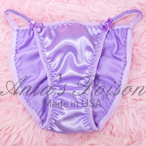 SATIN PANTIES 80s style SATIN silky sissy Lilac Purple shiny wetlook ladies string bikini Panties Lace Duchess sz 5-9