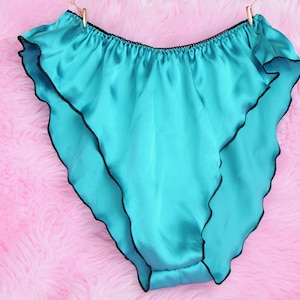 VTG style Silky Smooth soft Teal Green satin shiny wetlook ladies lower cut flutter tap panties Slip L XL 26-42&quot;