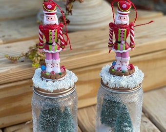 Set - Nutcracker Tree Plastic Mason Jar Snow Globe Christmas Ornaments