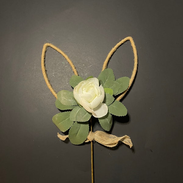 Easter Spring Jute Wrapped Bunny Ear Pick with Rose Accent