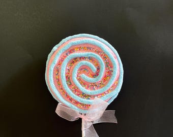 Christmas Pink and Blue Swirl Lollipop with Sprinkles Pick