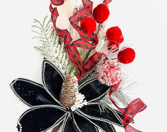Christmas Black Poinsettia with Red and White Accents Pick