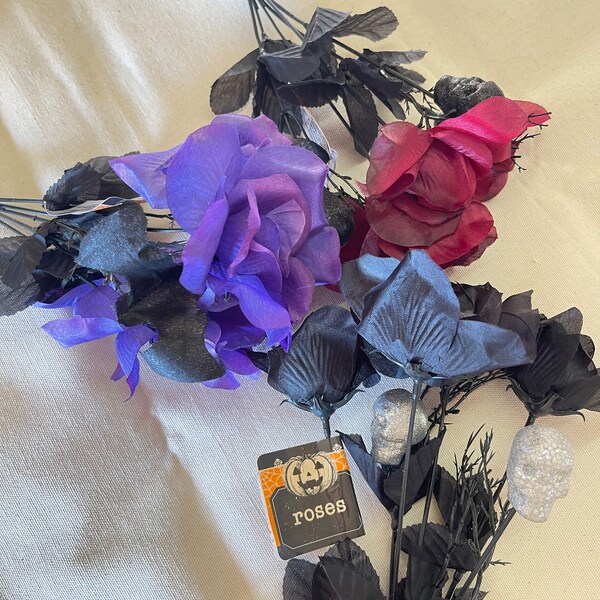 Halloween Artificial Roses with Skulls or Bats Floral Stem