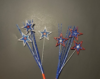 Fourth of July / Independence Day / Patriotic Red Silver and Blue Glitter Spinning Star Pick