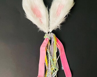 Easter Faux White Fur Bunny Ears Pick with Ribbon Tassel