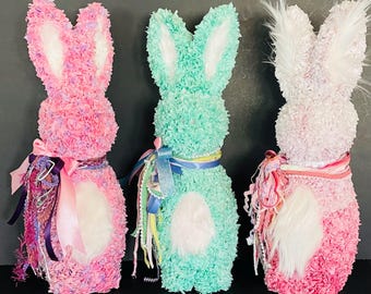 Easter Spring Pomp Flocked Bunny Rabbit Decor with Tassel Ribbon Bow and Faux Fur