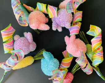 Easter Pastel Tinsel Bunny and Twine Carrot Pick with Spirals