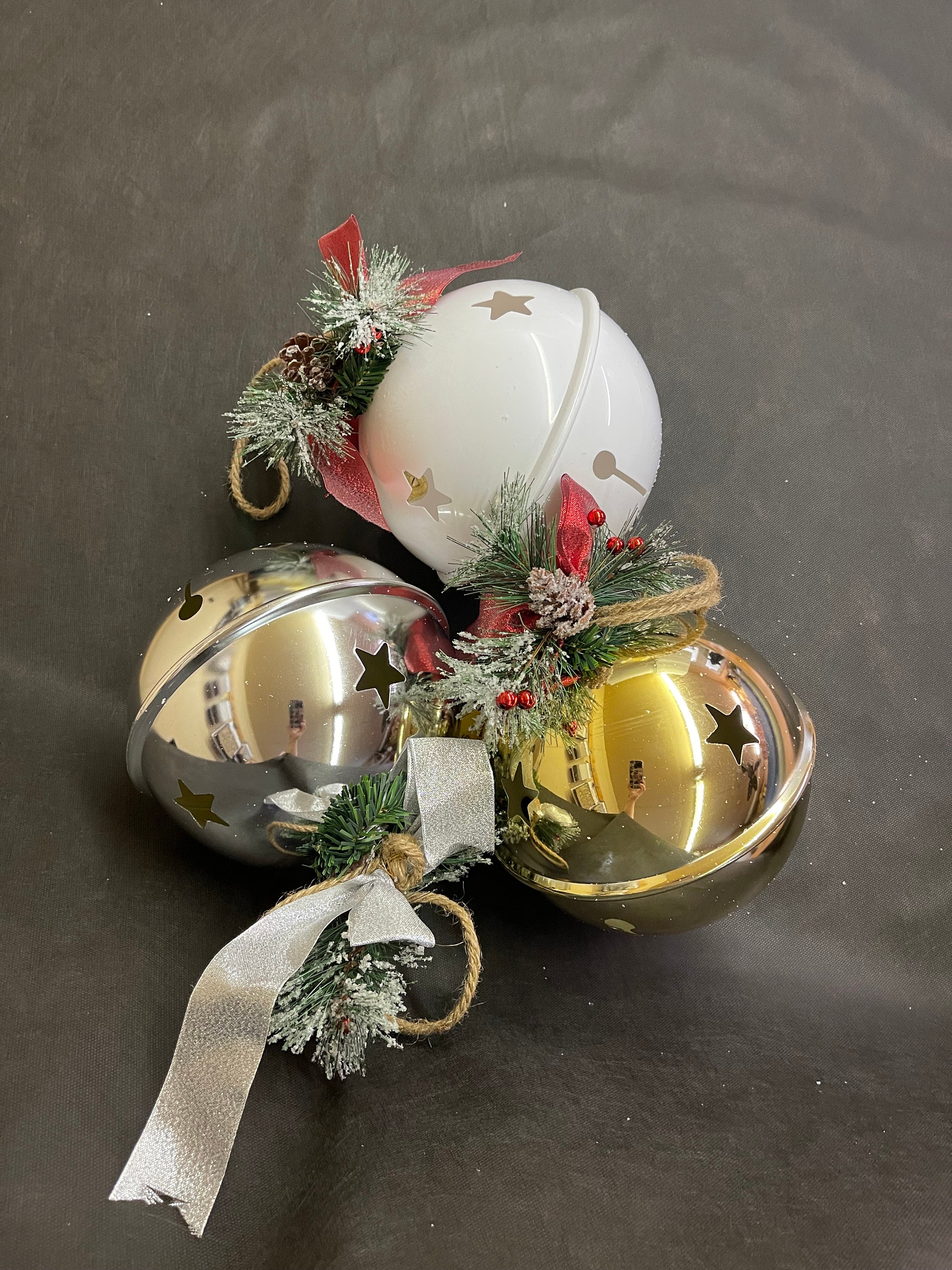 Lot 4 pairs mini Jingle BELLS on jute twine CRAFT Christmas winter silver  metal
