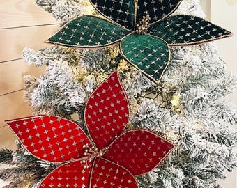 Christmas Red or Green with Gold Sequins and Trim Poinsettia Flower Pick