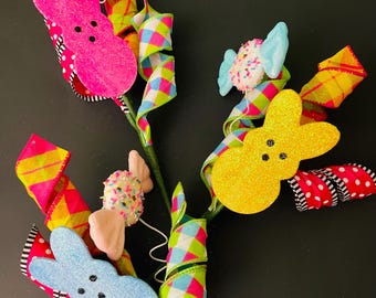 Easter Candy Land Glitter Peeps Bunny and Glitter Wrapped Candy with Sprinkles Pick with Ribbon Spirals