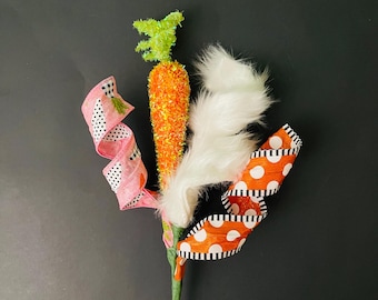 Easter Tinsel Carrot with White Faux Fur and Ribbon Spirals Pick
