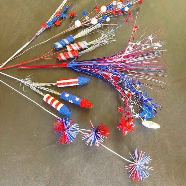 Fourth of July / Independence Day / Patriotic Stars and Tinsel, Firecrackers, Rockets, Stars and Sequins Floral Picks