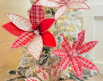 Christmas Red, White, Green Poinsettia Flower Pick