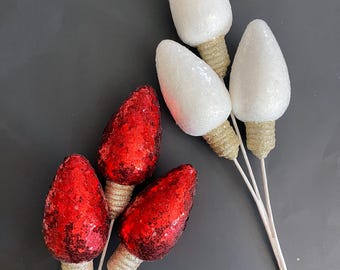Christmas Red or White Chunky Glitter Light Bulb Pick