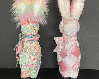 Easter Spring Fabric Pastel Boho or Pink and White Crushed Velvet Tufted Bunny Decor with Faux Fur Accents