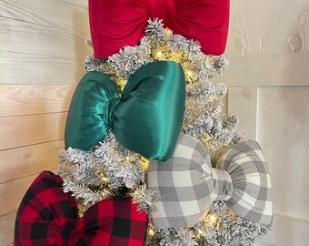 Christmas Green, Red, Buffalo Plaid Fabric and Foam Bow Decoration / Throw Pillow