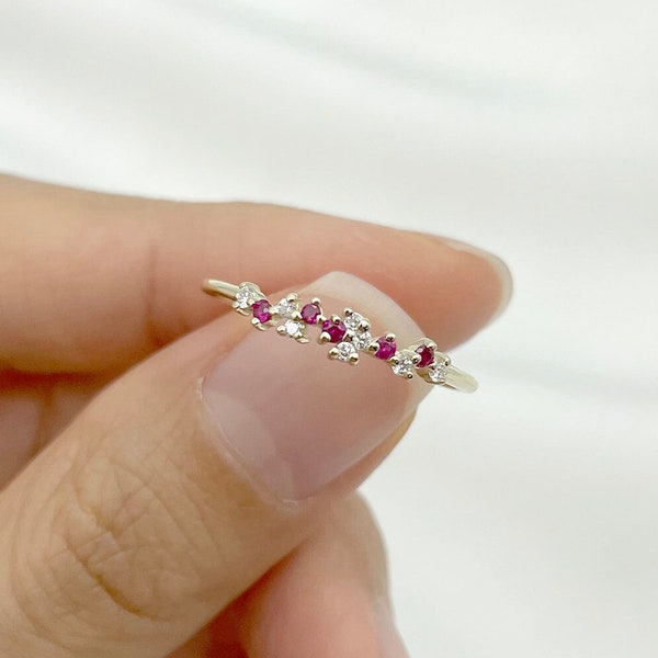 14K Ruby Diamond Cluster Wedding Ring / Diamond Band / Ruby Band / Cluster Ring / Engagement Band / Bridal Ring / Stacking Ring