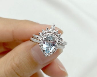 14K Aquamarine Diamond Band Ring Set / Pear Aquamarine Engagement Ring / Diamond Crown Wedding Band / Bridal Ring Set / White Gold