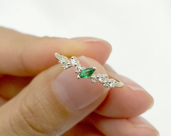 14K Natural Marquise Emerald Diamond Cluster Ring / Emerald Ring / Diamond Band / Cluster Band / Engagement Band / Bridal Ring / Rose Gold