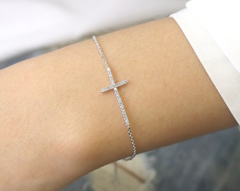 14K Diamond Cross Bracelet / Diamond Bracelet / Cross Bracelet / White Gold / Simple Bracelet / Everyday Bracelet