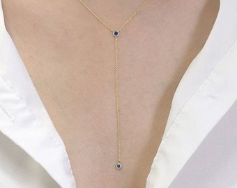 14K Sapphire Bezel Lariat Necklace / Sapphire Necklace / Lariat Necklace / Simple Necklace / September Birthstone / Sapphire Pendant