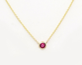 14K Ruby Bezel Tiny Necklace / Ruby Necklace / Bezel Necklace / Ruby Bezel Pendant / Simple Necklace / July Birthstone / Rose Gold