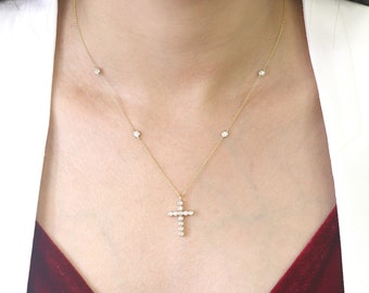 14K Diamond Cross By the yard Necklace / Diamond Necklace / Cross Necklace / Cross Pendant / By the yard Necklace / Simple Necklace