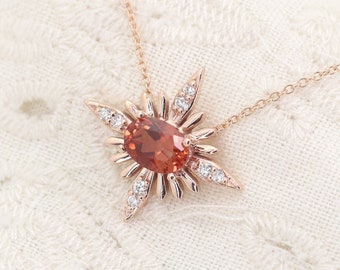 14K Oval Sunstone Necklace / Diamond Necklace / 7x5 Natural Sunstone Pendant / Starburst Necklace / Prong Set Necklace / Sunstone Charm