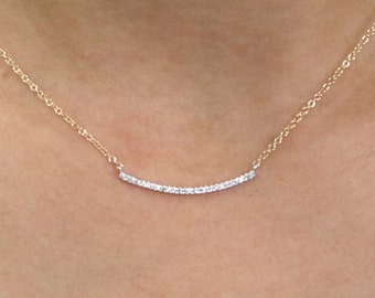 14K Diamond Curved Bar Necklace / Diamond Necklace / 1" Curved Bar Necklace / Curved Bar Pendant / Simple Necklace / Everyday Necklace