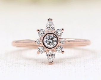 14K Diamond Bezel Flower Engagement Ring / Diamond Ring / Simple Engagement Ring / Flower Wedding Ring / Diamond Bezel Ring / Rose Gold