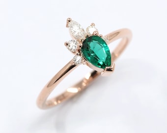 14K Pear Lab-Created Emerald Diamond Engagement Ring / Emerald Ring / Diamond Ring / Emerald Bridal Ring / Yellow Gold / Promise Ring