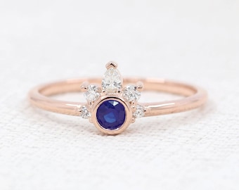 14K Blue Sapphire Diamond Bezel Engagement Ring / Sapphire Simple Wedding Ring / Diamond Ring / White Gold / Anniversary Ring