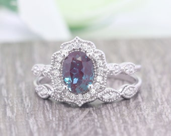 14K Lab-Created Alexandrite Diamond Floral Bridal Set / Alexandrite Engagement Ring / Diamond Ring / Floral Ring / Alexandrite Ring Set