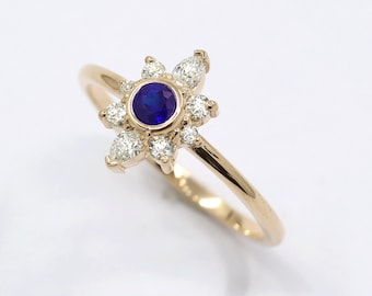 14K Sapphire Diamond Flower Engagement Ring / Sapphire Simple Wedding Ring / Diamond Ring / Yellow Gold / Anniversary Ring