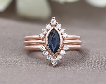 14K Marquise Blue Sapphire Bezel Diamond Band 3 Ring Set / Sapphire Bridal Ring / Diamond Chevron Wedding Band / Sapphire Ring Set