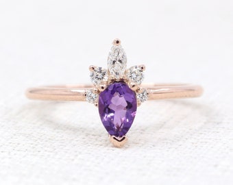 14K Natural Purple Amethyst Diamond Engagement Ring / Amethyst Ring / Diamond Ring / Unique Bridal Ring / Wedding Ring / Promise Ring