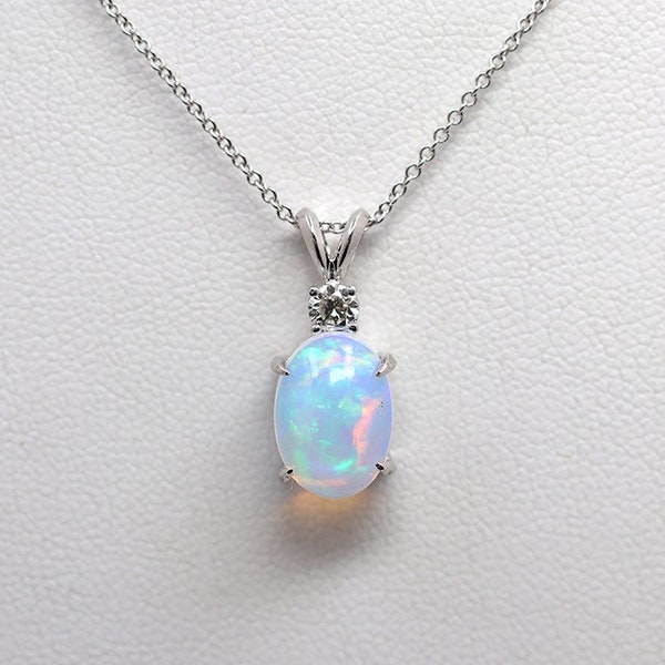 14K Oval Opal Diamond Necklace / Opal Necklace / Diamond Necklace / Everyday Necklace / Opal Pendant / Simple Necklace / White Gold