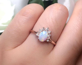 14K Opal Diamond Engagement Ring / Oval Opal Wedding Ring / Diamond Crown Ring / Rose Gold / Anniversary Ring / Opal Ring / Diamond Ring