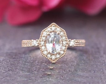 14K White Sapphire Diamond Vintage Engagement Ring / White Sapphire Wedding Ring / Sapphire Ring / Diamond Ring / White Gold / Promise Ring