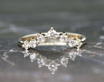 14K Diamond Crown Wedding Band / Diamond Ring / Crown Band / Engagement Band / Contour Ring / Stackable Ring / Bridal Ring / Yellow Gold