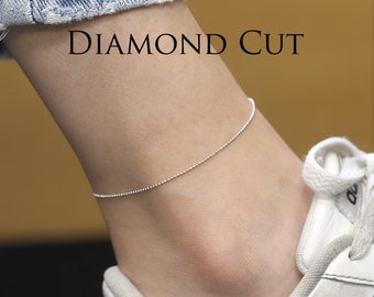 14K Gold 1mm / 1.5mm DIAMOND CUT Bead Chain Anklet / Diamond Cut Beaded Chain / Diamond Cut Chain Anklet / Simple Anklet / White Gold
