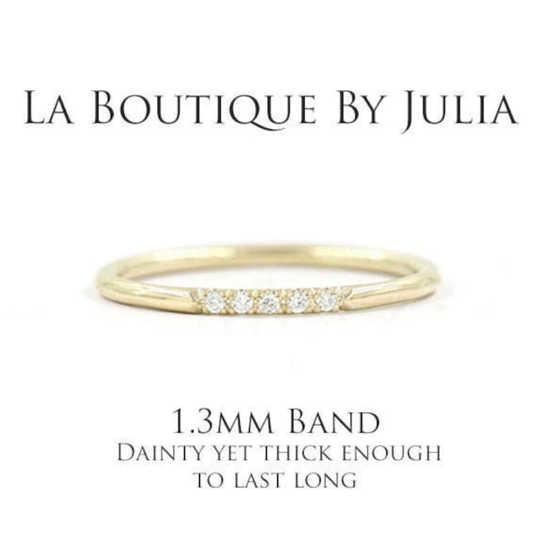14K Diamond 1 7 Stones Dainty Wedding Band / Simple Diamond Ring / Engagement Band / Bridal Ring / Yellow Gold / Dainty Band / Simple Ring image 1