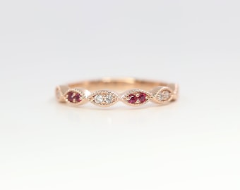 14K Diamond Ruby Art Deco Wedding Band / Diamond Ring / Ruby Ring / Art Deco Band / Engagement Band / Stackable Ring / Rose Gold