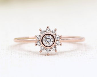 14K Diamond Bezel Flower Engagement Ring / Flower Wedding Ring / Diamond Ring / Diamond Flower Ring / Rose Gold / Simple Anniversary Ring