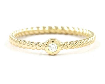 14K Diamond Bezel Twisted Engagement Ring / Diamond Solitaire Ring / Diamond Simple Ring / Twisted Band / Rope Band / Anniversary Ring