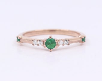 14K Emerald Diamond Wedding Band / Natural Emerald Ring / Diamond Band / Engagement Band / Stacking Ring / Yellow Gold