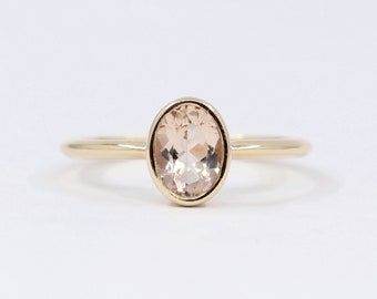 14K Oval Morganite Bezel Engagement Ring / Morganite Bezel Wedding Ring / Solitaire Ring / Simple Bridal Ring / Rose Gold / Promise Ring