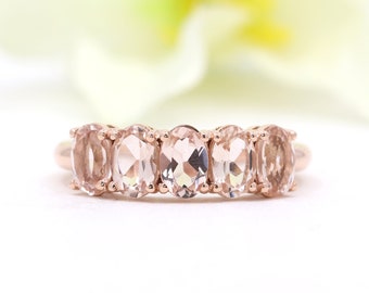 14K Peachy 5 Morganite Wedding Band / Morganite Ring / Oval Morganite Band / Simple Wedding Band / Engagement Band / Bridal Ring