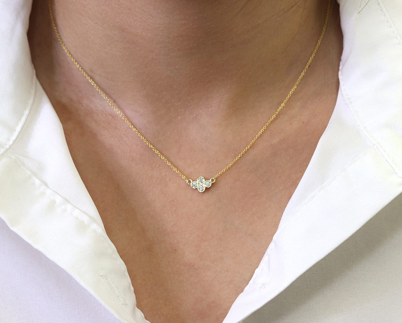 0.12ct. Dainty Gold Diamond Necklace.14k Solid Gold 4 Stone Etsy