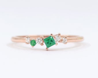 14K Square Emerald Diamond Cluster Band / Emerald Ring / Diamond Ring / Cluster Ring / Rose Gold / Wedding Band / Stacking Ring